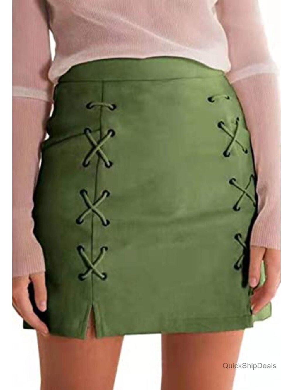 Faux Suede High Waist Lace Up Side Slit Bodycon Mini Skirt